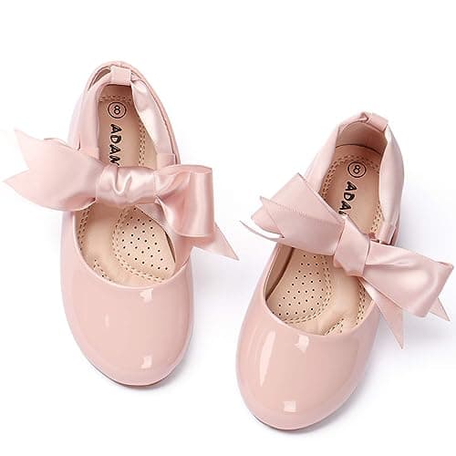 ADAMUMU Girls Dress Shoes Cute Bow Mary Jane Shoes Ballerina Flats with Satin Ankle Tie,Flower Girls for Wedding Birthday Party or School Daily Dress Up,Pink 11m - Image 1