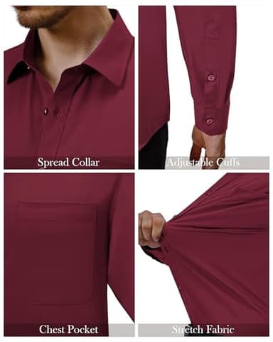 Alimens & Gentle Burgundy Dress Shirt for Men Long Sleeve Wrinkle Free Stretch Christmas Casual Button Down Shirt with Pocket - Image 4