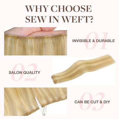 GOO GOO Sew in Hair Extensions Real Human Hair, Weft Hair Extensions Human Hair, 18D/22F Dirty Blonde Highlights 22inch 110g, Weft Bundles Straight Silky Remy Hair - Image 3