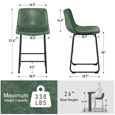 REONEY Bar Stools Set of 2, 26inch PU Leather Counter Height Bar Stools, Modern Barstools with Metal Legs and Footrest, Urban Armless Dining Chairs with Backrest for Kitchen Island (Green) - Image 2