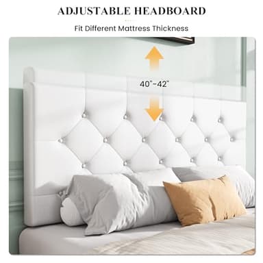 SHA CERLIN Upholstered Queen Size Platform Bed Frame with 4 Storage Drawers, Adjustable Headboard with Diamond Stitched Button Tufted Design, Wooden Slat Support, No Box Spring Needed, White - Image 4