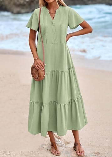 KIRUNDO Summer Maxi Dresses for Women 2025 Spring Fashion Short Sleeve Button V Neck Pleated Loose Tiered Swing Flowy Dress(Bean Green, X-Large) - Image 7