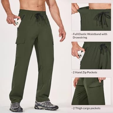 baleaf Men's Hiking Pants Cargo Quick Dry Water Resistant Elastic Waist Straight Leg Lightweight UPF50+ for Work Dark Army Green Size XL - Image 3