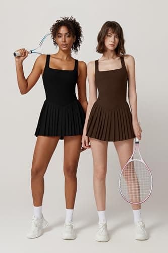 QINSEN Pleated Workout Dress with Built in Shorts Square Neck Sleeveless No Bra Summer Athletic Dress Black M - Image 6