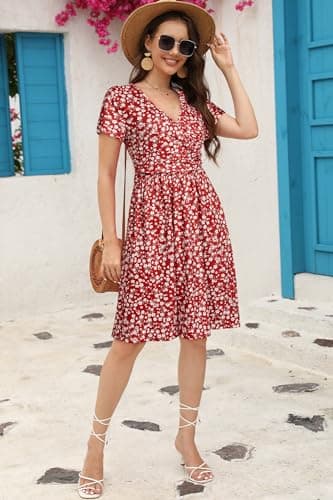 OUGES Women's 2025 Summer Short Sleeve V Neck Floral Midi Dress with Pockets Maternity Nursing Dresses Clothes(Floral F,L) - Image 3