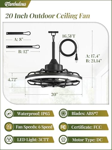 Fanbulous Outdoor Ceiling Fans with Light for Patios, 20" Weatherproof Plug in Ceiling Fan, Gazebo Fan Remote&APP Control, 3CCT Dimmable,Caged Ceiling Fan with Hanging Hook for Porch, Pergola,Canopy - Image 6