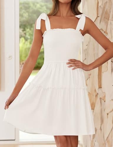 ZESICA Women's 2025 Summer Spaghetti Strap Sleeveless Square Neck Ruffle A Line Swing Mini Dress,Ivory,Small - Image 2