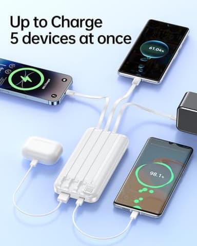 Portable Charger with Built in Cable - Power Bank Fast Charging USB C LED Display 10000mah Battery Pack 5 Outputs & 3 Inputs for Travel Essentials iPhone Samsung Android Phones Tablets White - Image 5