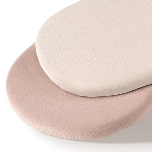 MairMore Muslin Bassinet Sheets for Babies – Soft & Breathable 100% Cotton Fitted Sheets for Oval, Rectangle, Hourglass Bassinet Mattress Pads, 2-Pack (Ivory & Pink) - Image 1