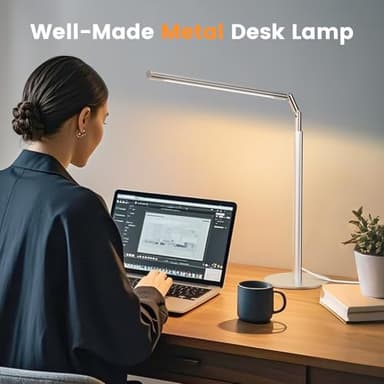 ALFELE Metal Desk Lamp for Home Office - Foldable LED Table Lamp for Reading, 4 Color & 6 Brightness, 15W Dimmable Desk Light with Flexible Arm, Eye-Caring Desktop Lamp for College Dorm, Silver - Image 2