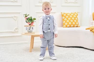 Toddler Boy Clothes Suit Gentleman Wedding Outfits, Formal Dress Shirt+Bowtie+Vest+Pants, US 12-18 Months = Tag 80 A Grey - Image 2