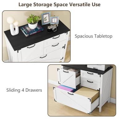 Lateral File Cabinet with 4 Drawers Farmhouse File Cabinet for Letter/Legal/A4 Size Hanging Files, Large Wood File Storage Cabinets Printer Stand for Home Office Cabinet, White and Black - Image 5