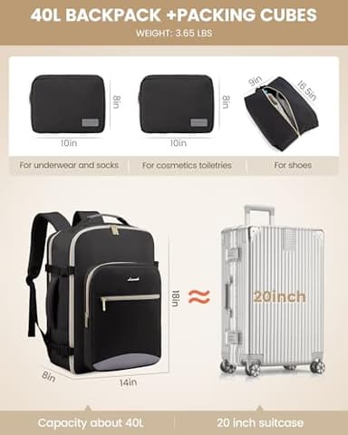 LOVEVOOK 40L Travel Backpack for Women Men,Waterproof Airline Approved Carry On Luggage Travel Essentials,TSA Carry On Backpack Personal Item Travel Bag Suitcase Weekender Traveling with Packing Cubes - Image 5