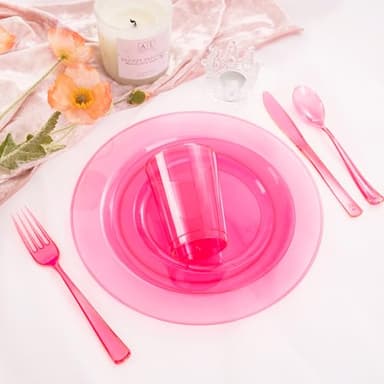 WDF 25 Guest Pink Plates with Pink Plastic Silverware&Pink Cups-Neon Clear Disposable Dinnerware include 50 Plates,25Forks, 25 Knives, 25 Spoons,25 Plastic Cups for Party and Baby Shower - Image 6