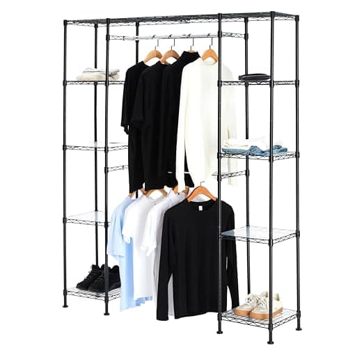 Amazon Basics Adjustable Expandable Metal Hanging Closet Storage Organizer Rack with Shelves, 57-80''L x 14''W x 72''H, Black - Image 1