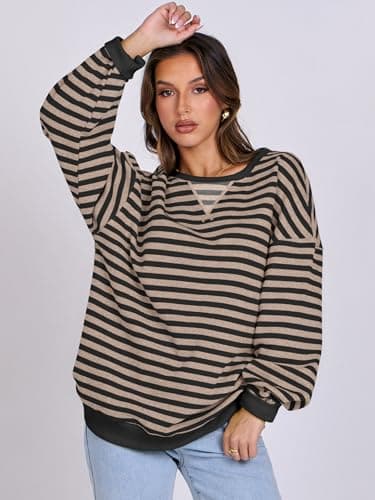ANRABESS Women Striped Sweatshirts Oversized Crewneck Long Sleeve Shirts Y2K Pullover Top 2025 Fall Outfits Fashion Clothes Black Grey Large - Image 4