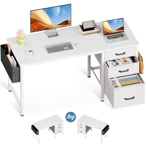 Casaottima 40" Small Computer Home Office Desk for Bedroom with Fabric Drawers & File Cabinet, Cloth Storage Bag and Hook, Writing Study Work Table for Small Space, White - Image 1