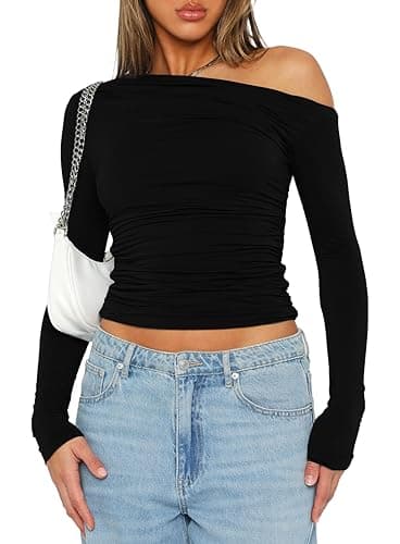 Darong Women's Casual Boat Neck Off Shoulder Long Sleeve Slim Fit Crop Top Going Out Shirts Y2K Tight T Shirts 9026 Black Small - Image 1