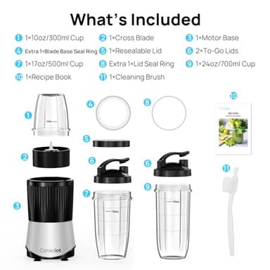 Consciot CB08 11-Piece Blender for Kitchen and Personal Size, Blend Shakes and Smoothies, Frozen Drinks, Baby Food, Spreads & More, 3 Portable To-Go Cups & 2 Spout Lids & 1 Solid Lid, 900 Peak Watts - Image 8