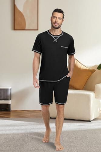 PrinStory Men's Pajamas Set Sleepwear Lightweight Short Sleeve Shirts and Shorts Soft 2 Piece Lounge Cozy Nightwear Black US L - Image 2