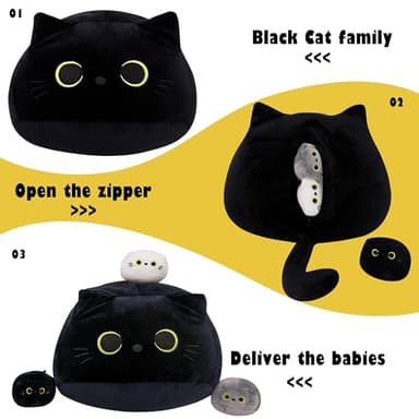 WeBingo 4PCs Black Cat Plush Toy 16'' Black Cat Pillow with 3 Babies, 3D Black Cat Plushies Pillow Baby Cute Plush Toys Shape Cat Design Sofa Fat Pillow Gifts for Boys Girls - Image 5