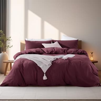 NEXHOME PRO Duvet Cover Set King Size Linen Look Textured Organic Natural 100% Washed Cotton Duvet Cover Burgundy Dark Red 3 Pieces Bedding Set with Zipper, Breathable, Soft (No Comforter) - Image 1