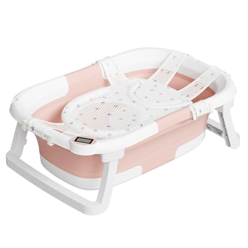 napei Collapsible Baby Bathtub,Baby Bath Tub with Soft Cushion & Thermometer,Baby Bathtub Newborn to Toddler 0-36 Months,Portable Travel Baby Tub - Image 1