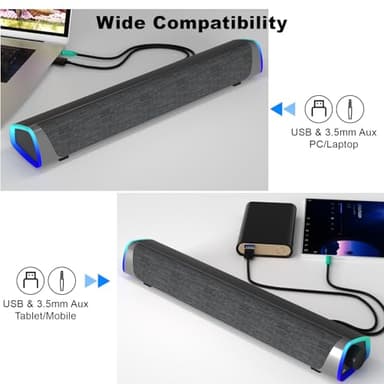 SOULION R30 Computer Speakers, Colorful LED Lights with Switch Button, Surround Sound Portable Computer Sound Bar Speakers for Desktop, Gray - Image 6