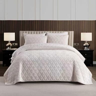 Homzard Velvet Quilt Set Queen Size Bedding Set, Cream White Velvet Comforter, Luxury Bedspreads Queen Size, Cream White Bedding,Soft Lightweight Quilts for All Season - Image 1