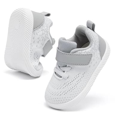 MORENDL Toddler Sneakers Baby Boys & Girls Barefoot Shoes Lightweight Breathable Walking Running Tennis Athletic Sport Shoes White Gray Size 7 - Image 1