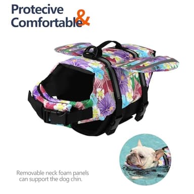 Petglad Wings Dog Life Jacket Adjustable Dog Life Vest with Chin Float Reflective Stripes and Rescue Handles, High Buoyancy Hawaiian Floral Puppy Swim Float Vest for Small Medium Large Dogs - Image 2