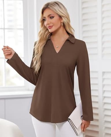Ladies Tops and Blouses, Polo Shirts for Women Cute Tops Business Casual Outfits Office Wear Work Attire V Neck Going Out Basic Shirt Clothes 2024 Fashion Fancy Evening Coffee L - Image 2