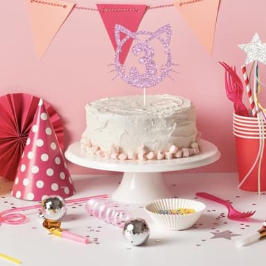 YHEZXUN Cat 3 Cake Topper, 3rd Birthday Cake Decoration, Pet Cat Kitty Theme Three Years Old Cake Topper Pink Glitter Cute Party Supplies - Image 6