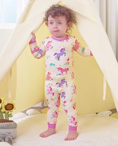 babee Reshinee Bamboo Viscose Toddler Girls Kids Pajamas Sunny Sprouts Pjs Long Sleeve Snug fit 3-4T 2pcs Soft Jammies - Image 2