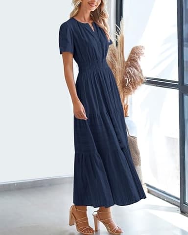 BTFBM Womens Summer 2025 Casual Midi Maxi Dresses Lightweight Short Sleeve V Neck Elastic Waist Boho Beach Dress Pockets(Navy, Large) - Image 7