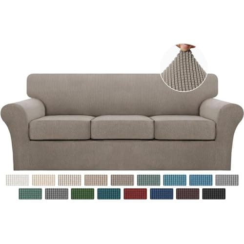 Turquoize 4 Piece Couch Covers for 3 Cushion Couch Sofa Pet Friendly Stretch Couch Cover for Dogs Washable Sofa Covers with Individual Couch Cushion Covers, Jacquard Fabric (3 Cushion Sofa, Taupe) - Image 1