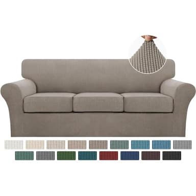 Turquoize 4 Piece Couch Covers for 3 Cushion Couch Sofa Pet Friendly Stretch Couch Cover for Dogs Washable Sofa Covers with Individual Couch Cushion Covers, Jacquard Fabric (3 Cushion Sofa, Taupe) - Image 1