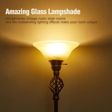 Torchiere Floor Lamp for Living Room, LED Standing Reading Light for Bedroom with Glass Shade for Living Room Corner Bedroom Home Office,Bulbs Included (Yellow Lampshade, Glass 1 Head) - Image 2