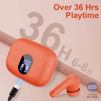 Wireless Earbuds, Bluetooth 5.4 Headphones Bass Stereo, Ear Buds with Noise Cancelling Mic LED Display, IP7 Waterproof in Ear Earphones, 36H Playtime for Laptop Pad Phones Sports Workout, Orange(2025 - Image 6