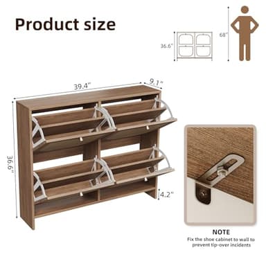 Nicetree Shoe Cabinet Storage for Entryway, Narrow Shoe Organizers with 4 Flip Drawers, Freestanding Large Shoe Rack with 3-Tier Adjustable Shelves for Hallway - Image 2