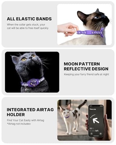 Cat Collar with Airtag Holder, Breakaway Airtag Cat Collar for Apple Air Tag with Luminous & Reflective Pattern, Waterproof GPS Cat Tracker Collars for Boy Girl Cats Kittens with Bell, Purple (8-12") - Image 2