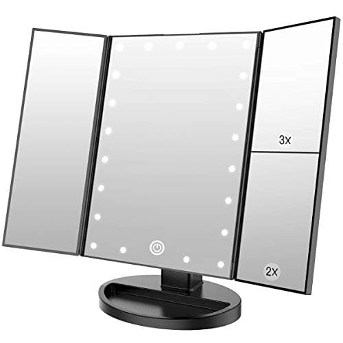 WEILY Makeup Mirror with 21 LED Lights,Two Power Supply Modes, Adjustable Touch Screen and 1x/2x/3x Magnification Tri-Fold Vanity Mirror,Chargeable Travel Cosmetic Mirror for Desktop (Black) - Image 1