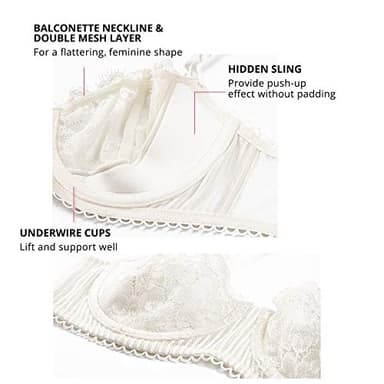 DOBREVA Women's Sexy Lace Push Up Plus Size Bra Sheer Balconette Underwire Unlined Ivory_Eyelash lace 34A - Image 4