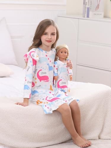 Bow Dream Toddler Girls Casual Dress and Matching American Girl Doll Clothes for GirlsWhite Dinosaur Size 130 - Image 2