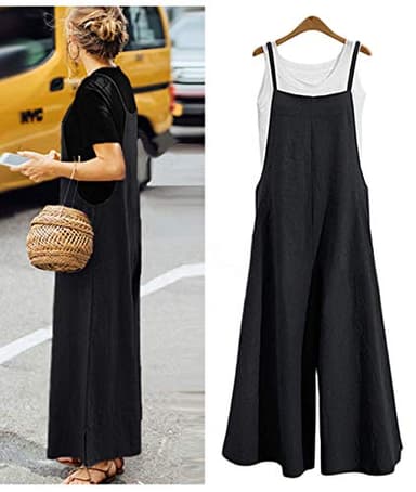 YESNO Women Casual Loose Long Bib Pants Wide Leg Jumpsuits Baggy Cotton Rompers Overalls with Pockets (L PZZTYP2 Black) - Image 2
