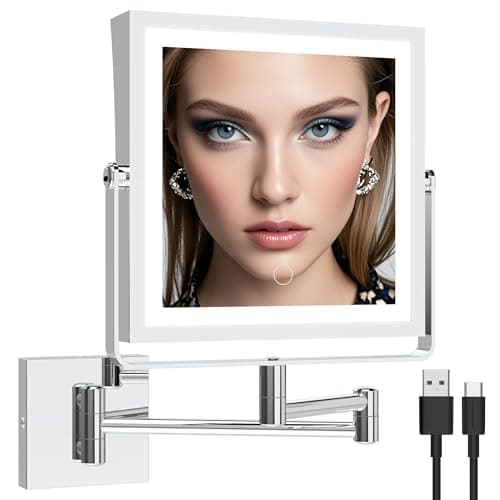 Ruacq Rechargeable Wall Mounted Makeup Mirror with Lights, Double Sided 1X/10X Magnifying Vanity Mirror with 3 Color Lighting, Touch Screen Dimmable, 360° Rotation Extension Foldable Arm(Chrome) - Image 1