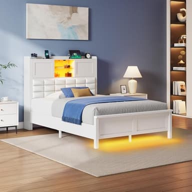 Rolanstar Bed Frame Twin Size with Charging Station, Bookcase Headboard Bed with LED Light and Sliding Doors, Platform Bed with Wooden Slats, No Box Spring Needed, Noise Free, White - Image 7
