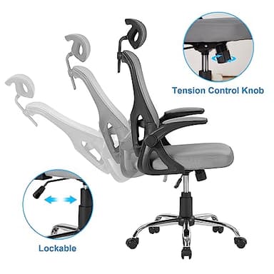 VECELO High Back Mesh Office Desk Chai with Lumbar Support & Headrest, 360° Swivel Wheels, Flip-up Armrest, Height Adjustable - Image 4