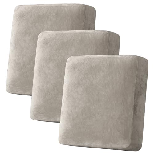 H.VERSAILTEX Velvet Stretch Couch Cushion Cover Plush Cushion Slipcover for Chair Loveseat Sofa Cushion Furniture Protector Seat Cushion Sofa Cover (3 Piece Sofa Cushion Covers, Oatmeal) - Image 1