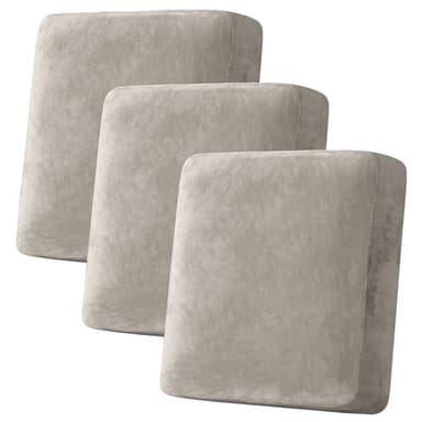 H.VERSAILTEX Velvet Stretch Couch Cushion Cover Plush Cushion Slipcover for Chair Loveseat Sofa Cushion Furniture Protector Seat Cushion Sofa Cover (3 Piece Sofa Cushion Covers, Oatmeal) - Image 1